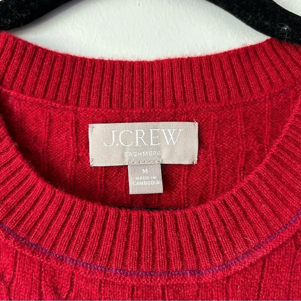 J. Crew Cashmere Cable Knit Sweater Shell Contrast Trim Red Preppy Fisherman
